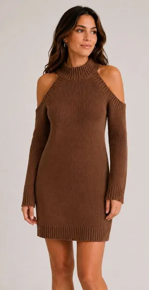 Abercrombie & Fitch Brown Cold Shoulder Mock Neck Ribbed Sweater Dress Small thumbnail 1