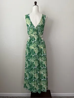 Justify Double V-neck Green Tropical Smocked Cut Out Waist Maxi Dress, Sz Large thumbnail 6