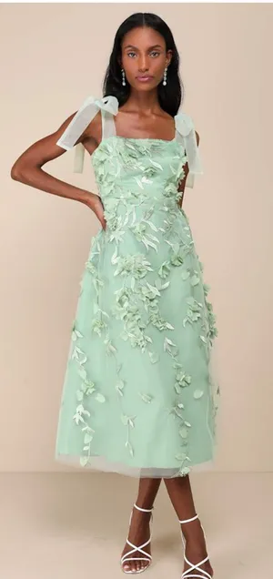 Lulus Effortlessly Sweet Sage Tulle 3D Floral Tie-Strap Midi Dress thumbnail 1