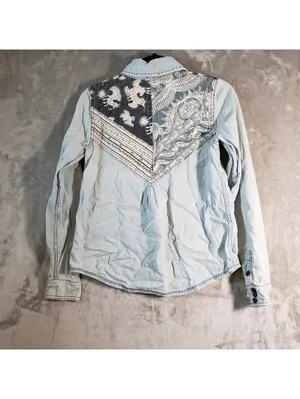 Free People XS Blue Denim Western Paisley Button-Up Shirt Pockets thumbnail 3
