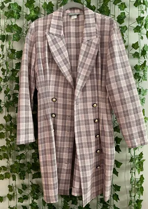 Women’s Pink Plaid Long Sleeve Collared Button Down Blazer Dress Vintage thumbnail 1