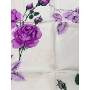 VTG white scarf, purple green floral print. 31" square. area of color transfer thumbnail 3