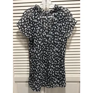 Duo Maternity Black/Cream Geo Sheer‎ Chiffon Short Sleeve Blouse Size M Ruffle thumbnail 5