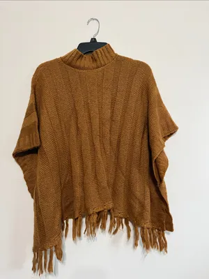 Ultra Flirt Cozy Fringe Mock Neck Poncho in Tan/Brown thumbnail 2