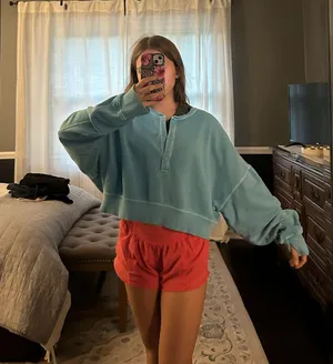 Aerie Crewneck Sweatshirt half button teal thumbnail 4