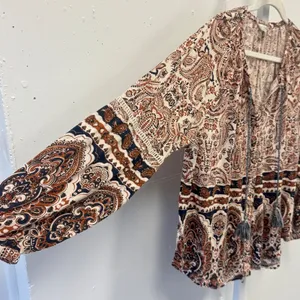 Lucky Brand Paisley Tassel Peasant Boho Jersey Blouse XL Cotton Linen Blend Rust thumbnail 5