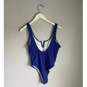 Blue Ribbed Low Back One Piece Swim Suit Bathing Suit‎ EUC Thong Minimalist Med thumbnail 2
