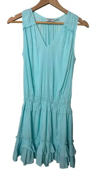 Ramy Brook Sleeveless Mini Dress Turquoise Blue Smocked Ruffle Skirt Small thumbnail 1