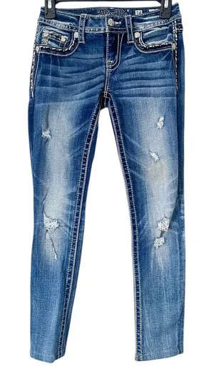 Miss Me Blue Distressed Embellished Low Rise Skinny Jeans Size‎ 0/24 thumbnail 1