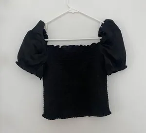 black rouched puffy sleeve crop top thumbnail 3
