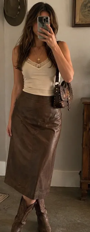 Brown Genuine Leather Midi Skirt High Waist Straight Size 9 Vintage thumbnail 1