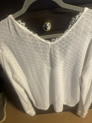 Free People Dream Girl pointelle white Large sweater full sleeve lace neck $135 thumbnail 5