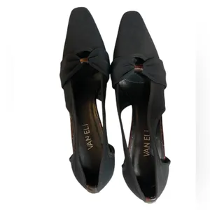 VANELI Black/Brown Animal Trim Canvas Side Cut Out High Heel Shoes - 8.5 Narrow thumbnail 3