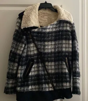 Free People Plaid Moto Coat Black White Shearling Lined Asymmetrical‎ Zip S thumbnail 1
