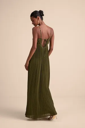 New Lulus Delina Olive Plisse Chiffon Tie-Back Maxi Dress Size Small thumbnail 7