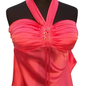 Cache Coral Silk Ruched Lace Up Halter Top New Built In Bra Stretch NWT $98 thumbnail 2