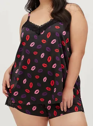 Torrid Sleep Satin Lace Trim Cami and Short PJ Set Kissy Print thumbnail 1
