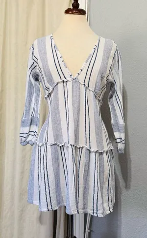 Blue Island‎ Women Boho Swim Cover Up Blue/White/Stripe Long Bell Sleeve Sz S thumbnail 1