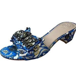 Tory Burch‎ Valentina Brocade Crystal Bow Slide Sandals Blue Gold 8 thumbnail 3