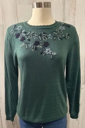 Vintage Beaded Floral Knit Sweater Green Embroidered‎ Pullover small thumbnail 1