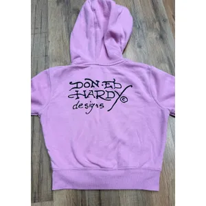 Ed Hardy Women S Pink Zip Hoodie New York City Skull Tattoo Y2K Graphic thumbnail 3
