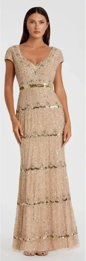 NWT Mac Duggal 9089 Cap Sleeve Embellished Gown Nude 8 thumbnail 1
