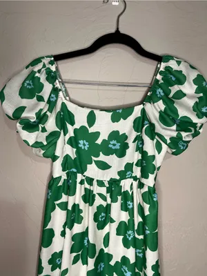 Altar’d State Cream Green‎ Floral Puff Sleeve Retro Babydoll Mini Dress thumbnail 3
