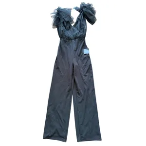 NWT Lulus Black V-Neck Tulle Overlay Ruffle Sleeve Wide Leg Jumpsuit Formal thumbnail 2