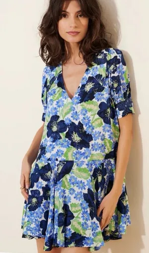 NWT Free People Moon Chaser Tiered Floral Puff Sleeve Collared Shift Minidress thumbnail 1