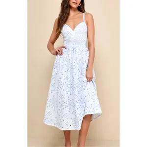 Lulus Floral Eyelet Embroidered Midi Dress Small White Blue Preppy Party Greece thumbnail 11