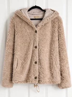 Democracy Faux‎ Fur Hooded Jacket Tan Button Front Cozy Warm Size M thumbnail 1
