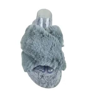 Spesoul Gray Fuzzy‎ Soft Slide-On Crisscross Open Toe Slippers Size L thumbnail 2