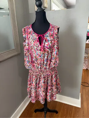 Natural Life Lyla Pink Palms Smocked Waist Tiered Mini Dress Cottagecore XL thumbnail 2