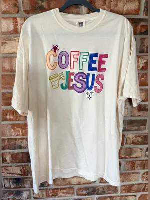 Comfort Colors Cream Tee with Multicolor "Coffee & Jesus" Graphic thumbnail 1