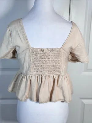 Midnight sky Cream Linen Blend Eyelet Peplum Top S Square Neck Cottagecore Coquette Prairie thumbnail 5