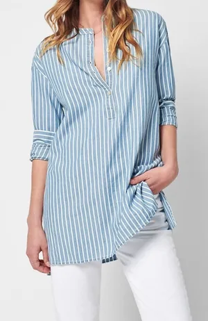 Faherty Blue and White Striped Nautical Tunic Natural Button Up Blouse Size S thumbnail 1