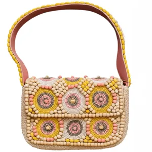 Handcrafted in India Viral Wooden Beaded Colorful Pink Pastel Shoulder Bag Purse thumbnail 1