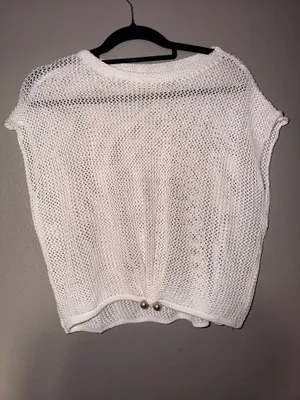 White Open Knit Cropped Sweater Top w/ Pearl Detail thumbnail 3