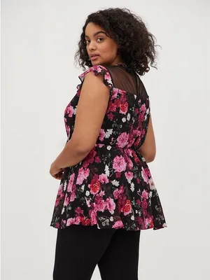 Torrid Peplum Chiffon Clip Dot Crochet Top 00 M/L 10 Black Floral thumbnail 3