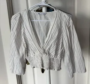 ZARA White Pinstripe V-Neck Smocked Waist Blouse thumbnail 1