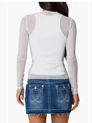 Edikted White Layered Mesh Sheer Ribbed Long Sleeve Top Small thumbnail 2
