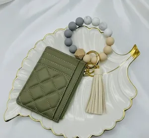 Sage Green Quilted Card Holder Wallet Wristlet Keychain Tassel thumbnail 1