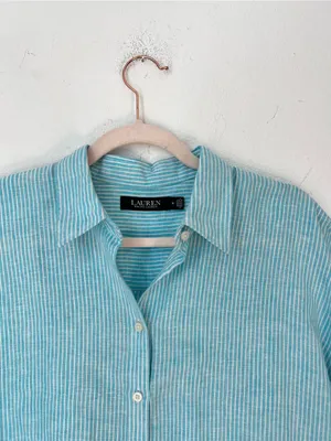 Lauren Ralph Lauren Blue Striped 100% Linen Button Down Blouse Women's Medium thumbnail 5