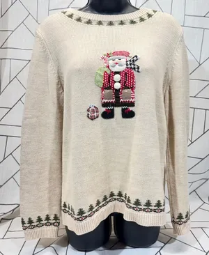 Christopher & Banks Sweater Medium Tan Santa Hand Embroidered‎ Christmas Holiday thumbnail 1
