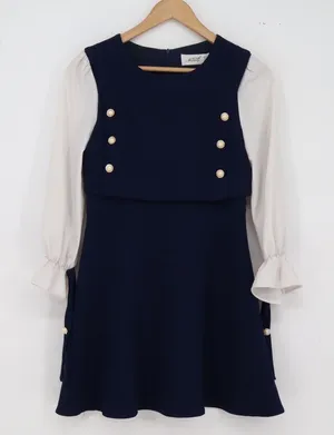 Munaiyi Dress Womens S Navy Blue White Faux Pearl Button Mini Excellent thumbnail 1