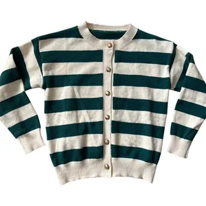 Long Sleeve Crew Neck Button Up Striped Sweater Cardigan Green White Size Large thumbnail 4