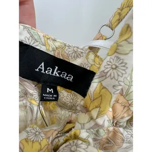 Aakaa Floral Midi Dress M Yellow Deep V Tie Front Tiered Boho Sundress thumbnail 7