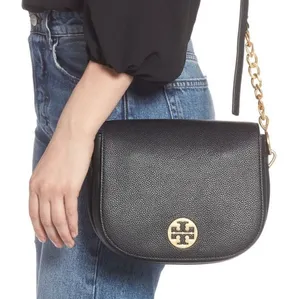 Tory Burch | One Size | Everly Black Pebbled Leather Flap Saddle Bag thumbnail 1