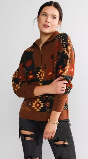 BKE Western Pullover Sweate 3/4 Zip Women's Size Large Boho Aztec Brown Soft‎ thumbnail 1