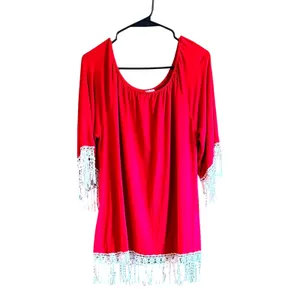 R. Rouge Vintage Red Boho Crochet Fringe Tunic Top Large Flapper thumbnail 2